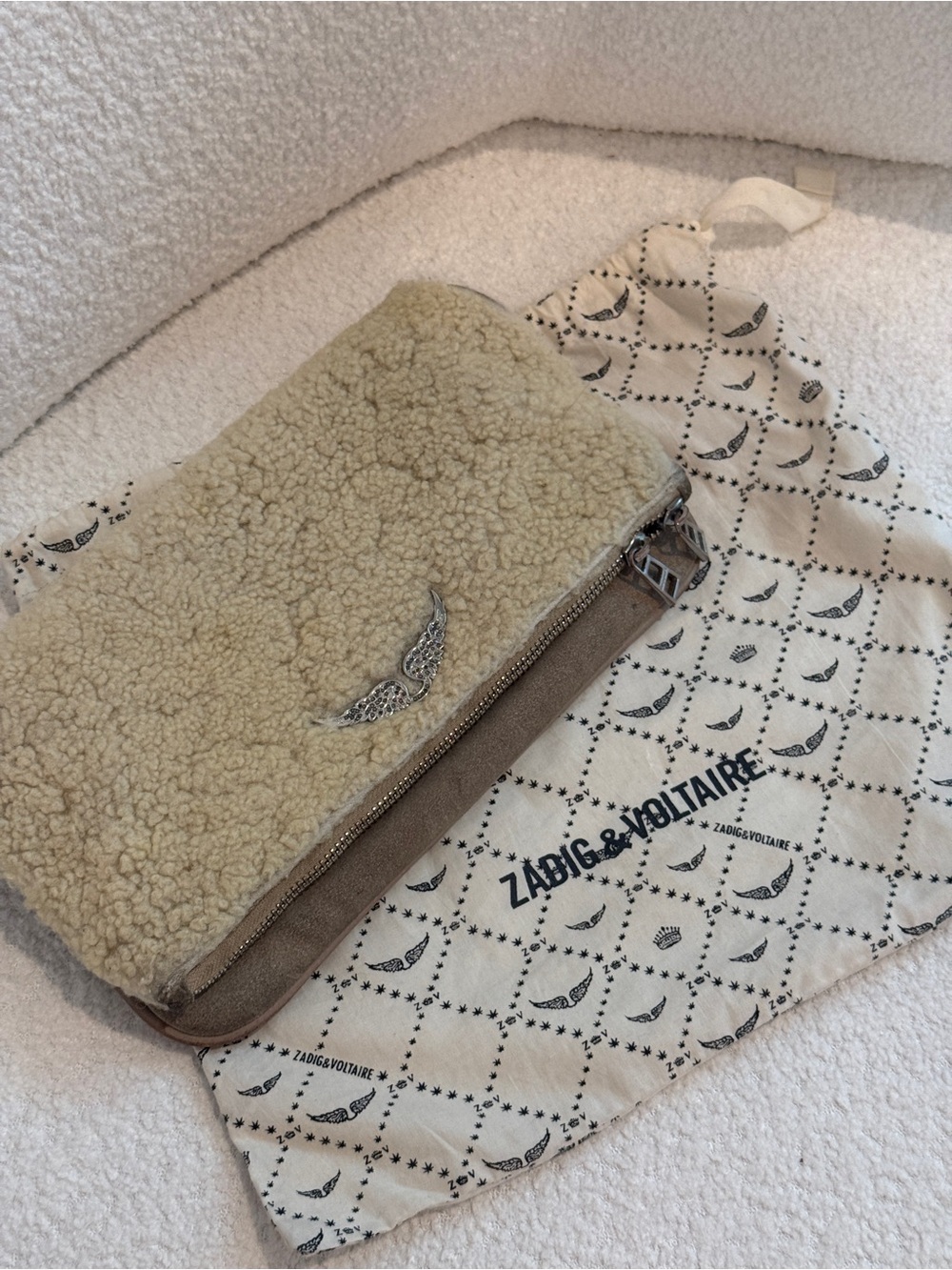 Zadig & Voltaire Cream Shearling Clutch with Silver Wing Emblem